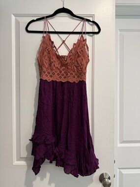 Free People Mauve Lace Bodice Crisscross Spaghetti Strap Dress
